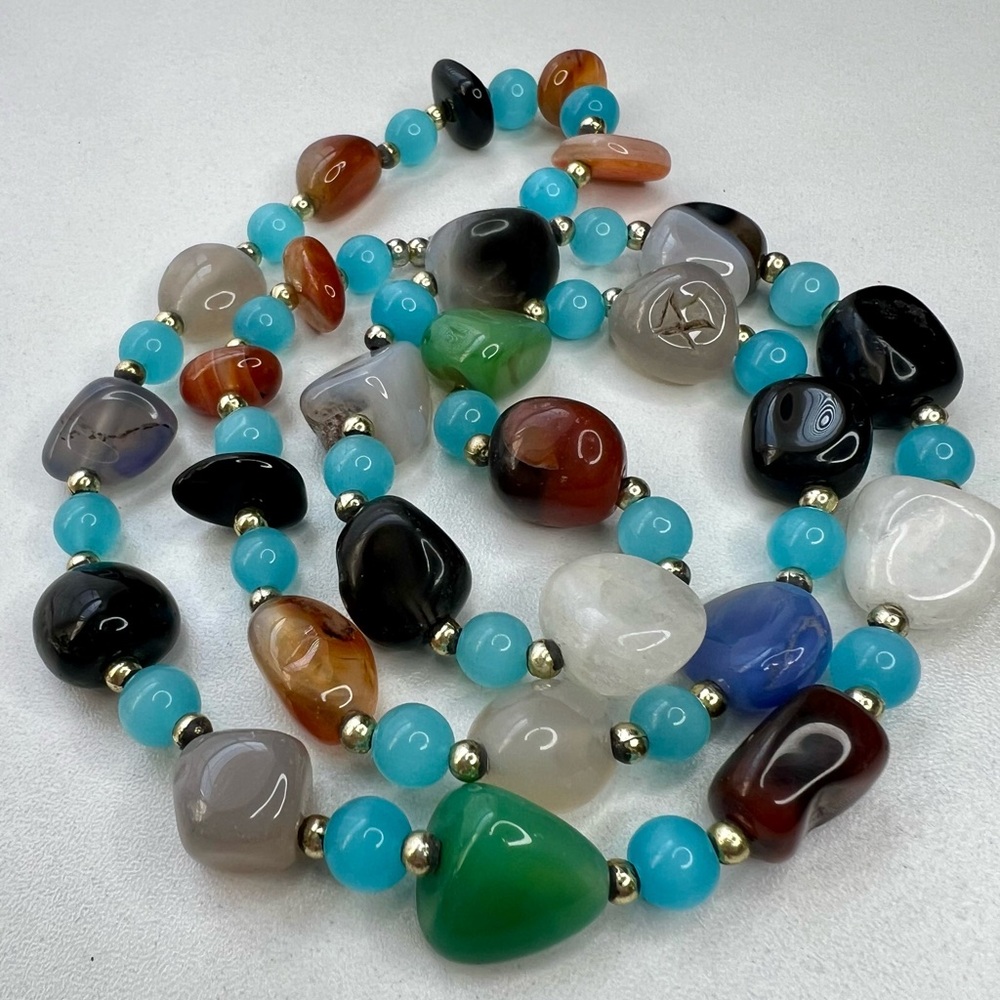 Vintage Radiant Colorful QUARTZ & Gold Tone Beaded Necklace 26” Long